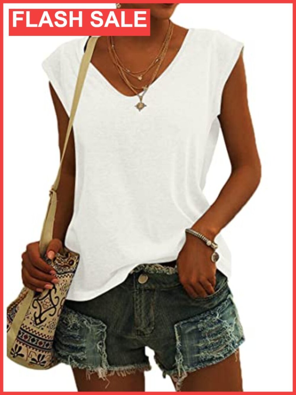Womens Cap Sleeve V-Neck Loose Fit Tank Top Casual Summer Tunic Tee